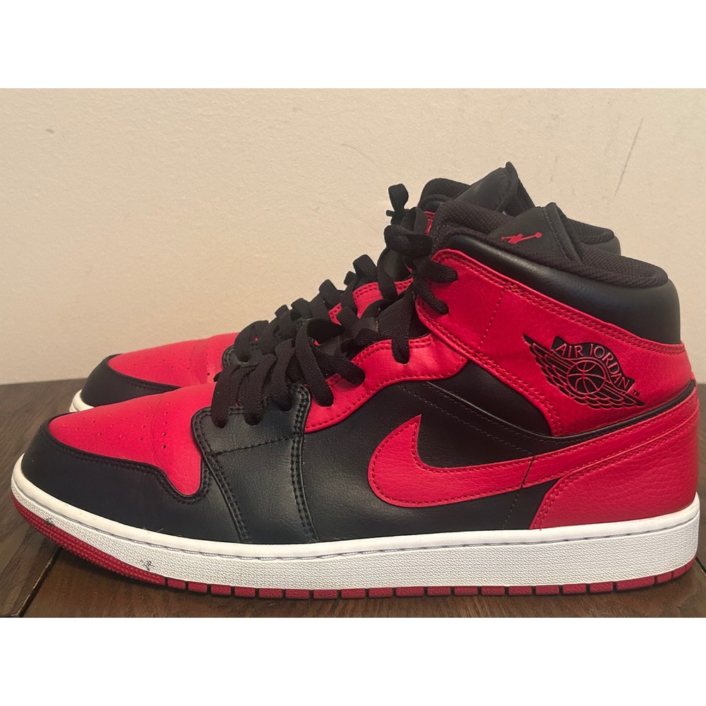 Nike Air Jordan 1 Mid Banned Bred 2020 Black Red 554724-074 Men's Size 14
